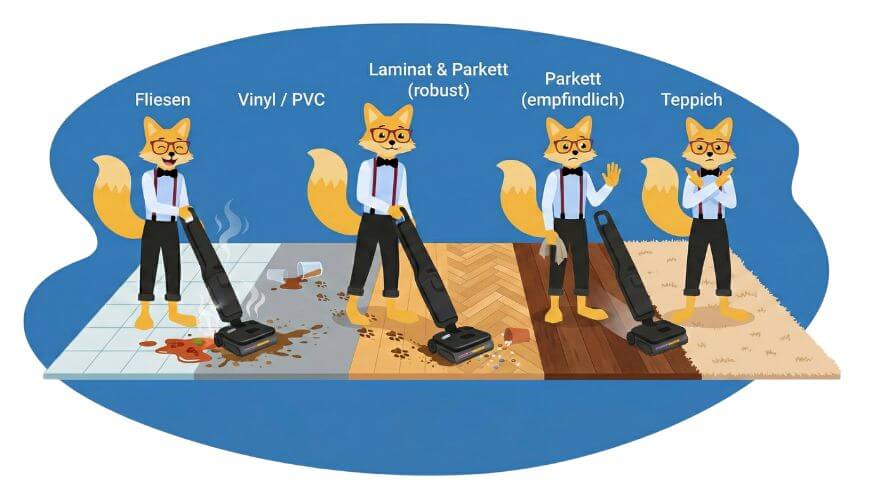 Der Roborock F25 Ultra reinigt Fliesenboden in Küche und Holzboden im Flur im Test und ist für unterschiedliche Bödenarten geeignet.